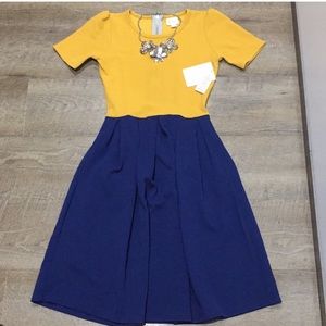 Lularoe Amelia Mustard Yellow Gold and Navy Blue